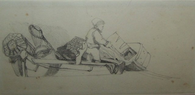 *ATTRIBUTED TO WILLIAM JAMES MULLER: (1812-1845 English) Fisherman on boat in Venice, page from artist sketchbook, pencil drawing, unsigned, notes made on verso from collection of L.R. Abel Smith, Esq., gallery label from Marshall Field 