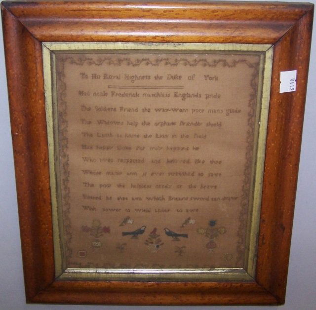 *EARLY 19TH C. ENGLISH SAMPLER: "To Her Royal Highness the Duke of York", contained in a birdseye maple frame, approximate work size 9 1/4" x 7 1/2", frame 13" x 11".