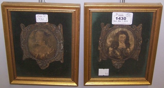 *2 ENGLISH NEEDLEWORK PORTRAIT MEDALLIONS: Stuart Period portraits depicting Charles II and Catherine of Braganza, approximate image size of each 4 1/2" x 3 1/2", frame 7" x 5 1/2".