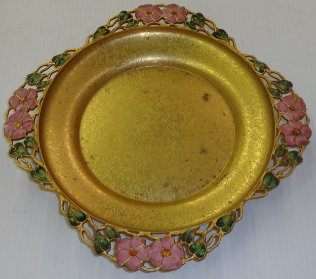 TIFFANY STUDIOS FURNACE BOWL: Decorated with enameled dogwood flowers and leaves on an openwork border, signed "Favrile Louis C. Tiffany Furnaces Inc. 420", approximate diameter 11 1/4".