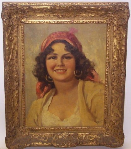 *FRATTINI, ENRICO: (1890-1968 Italian) Portrait of gypsy, framed oil on canvas, signed lower right, approximate image size 16" x 12", frame 21 1/2" x 17 1/2".