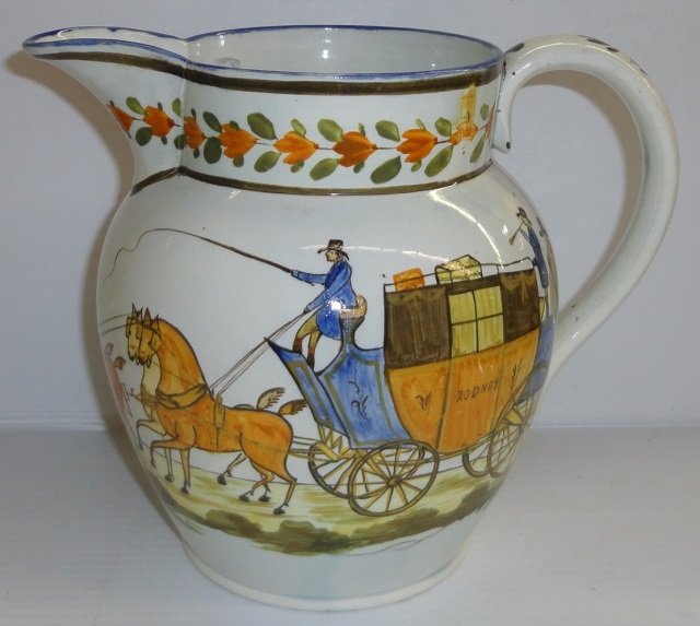 *POLYCHROME PITCHER: Having carriage scene and inscribed "William and Sarah Simpson, approximate height 7 1/4".