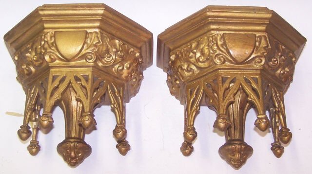 PAIR OF GILT METAL GOTHIC STYLE WALL SHELVES: Approximate height 8 1/4".