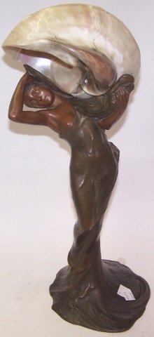 *TERESZCZUK, PAUL: Bronze figural table lamp depicting maiden lifting seashell approximate height 171/2".