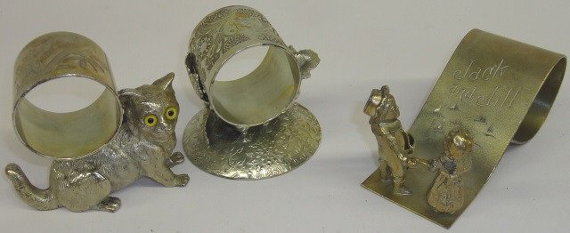 *3 VICTORIAN NAPKIN RING HOLDERS: 1 depicting kitten, 1 Jack and Jill, 1 with leaf and berries.