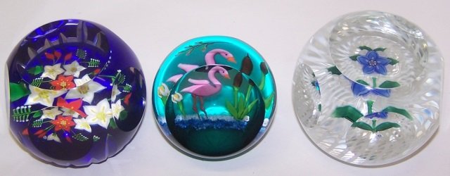 *3 ART GLASS PAPERWEIGHTS: With floral interior, largest marked "Whitefriars Festive Delight, Caithness, Scotland 34-50", 1 marked "Flamingo Caithness, Scotland 92-150, 1 marked "Whitefriars French Fancy Caithness, Scotland 8-5