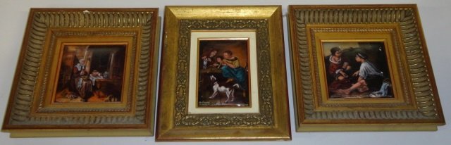 *3 WORKS ON ENAMEL: 1 depicting 2 youths playing dice and 2 interior scenes, enclosed in gilt frames, approximate image sizes 4" x 4", 4 1/2" x 3" and 4 1/4" x 3 1/4".