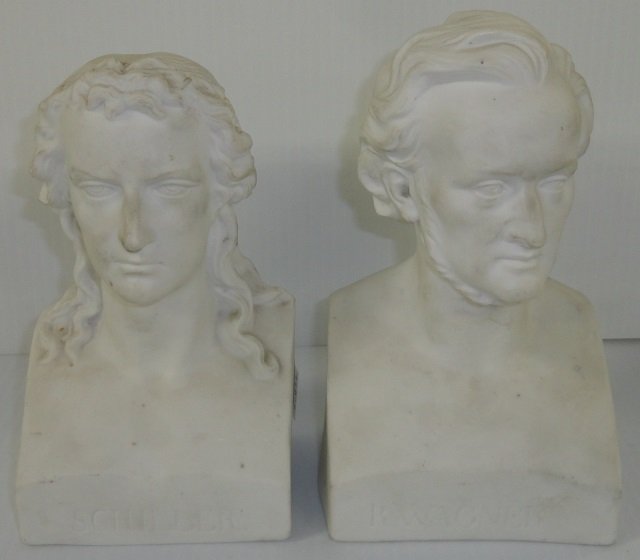 PAIR OF 19TH C. PARIAN WARE BUSTS: R. Wagner and Schiller, approximate height 6 1/2" and 7".