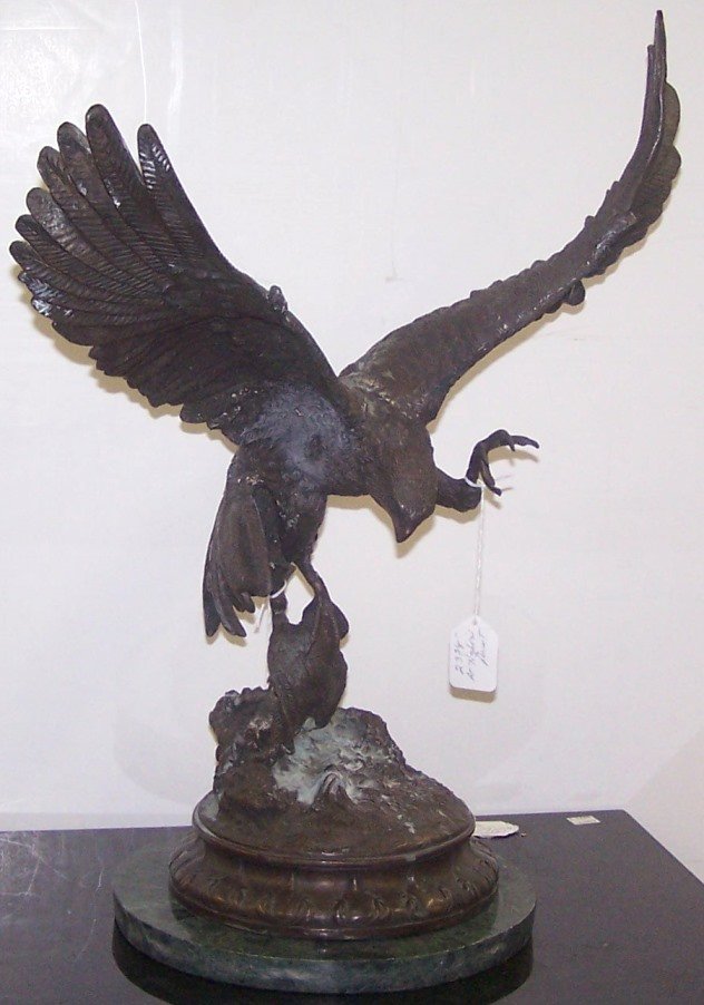 *AFTER JULES MOIGNIEZ: Falcon, bronze sculpture attached to round marble base, approximate height 23 3/8".