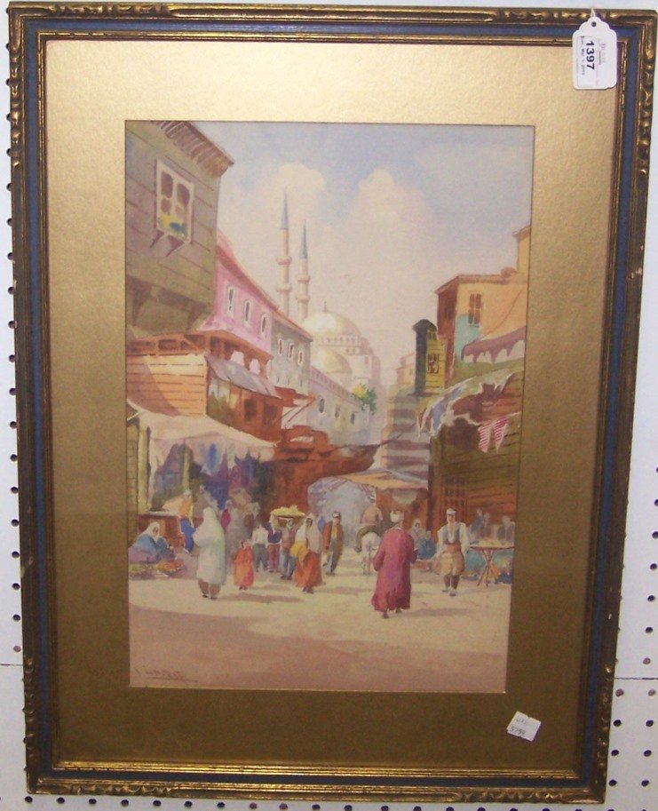 CHERIF: (20th C. European School) Middle Eastern city scene, framed watercolor, signed lower left, approximate image size 17" x 11 1/4", frame 24" x 17 1/2".