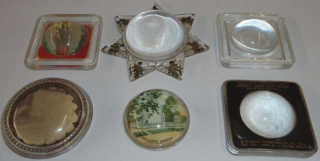 *6 GLASS PAPERWEIGHTS: Christ child, Rob Morris Memorial, etc.