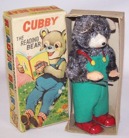 *MECHANICAL WIND-UP TOY: Cubby the Reading Bear by Alps Toys, with original box.