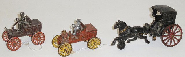 *3 CAST IRON VEHICLES: 2- 4 1/2' runabouts, 1 possible Kenton and Hubley 7" Hansom cab.