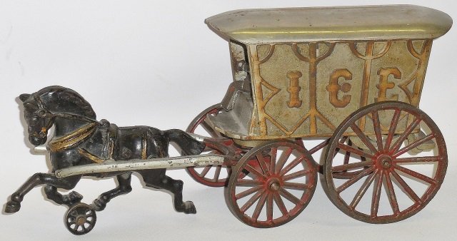 *CAST IRON SINGLE HORSE DRAWN ICE WAGON: Unmarked, possible Hubley, nickel plated wagon with red painted spoke wheels pulled by single black horse, includes driver figure, approximate length 13 1/2".