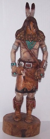 *CARVED AND PAINTED WOOD KACHINA: "Monster Slayer", signed on bottom "L. Jacquez 98", approximate height 13 1/2".