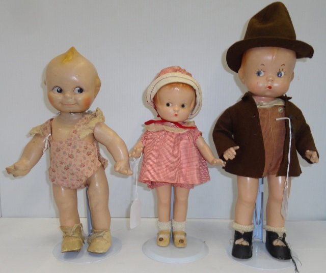 3 COMPOSITION DOLLS: Effanbee Skippy doll with painted features and molded hair, approximate height 13 3/4", Effanbee Patsy, Jr. doll having painted features with molded hair, height 11 1/4", and Kewpie doll with painted 