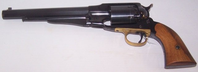 *A. UBERTI REPLICA OF REMINGTON NEW ARMY SNGL ACTN: REVOLVER S/N: A18566, .44 caliber black powder, 8" octagon barrel, blued finish, brass trigger group, smooth walnut grips.