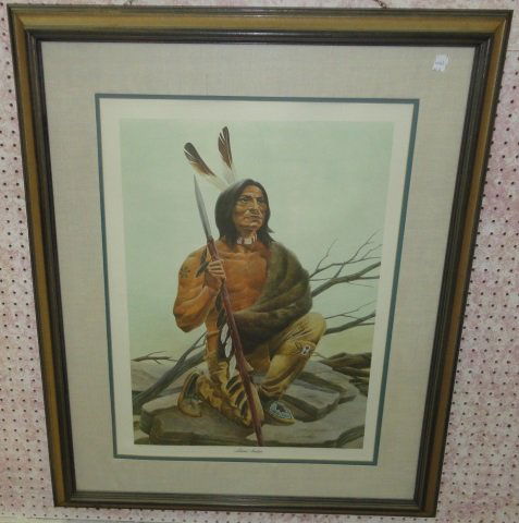 *RUTHVEN, JOHN A.: "Miami Indian", framed graphic, signed in pencil lower right and numbered lower left 423/1000, approximate frame size 42 3/4" x 34 3/4".