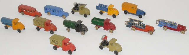 *GROUP OF PREWAR TOOTSIETOY TRUCKS: Safety buses, searchlight truck, tankers, etc.