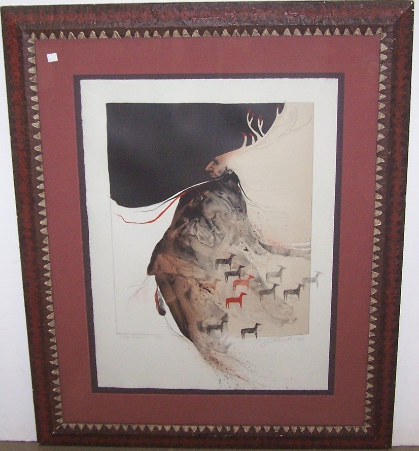 *HOWELL, FRANK: "Elk Dreamer", framed lithograph, signed and dated lower right, titled and numbered 18/50 lower left, approximate paper size 30" x 22", frame 43 1/4" x 34 3/4", frame is handpainted.