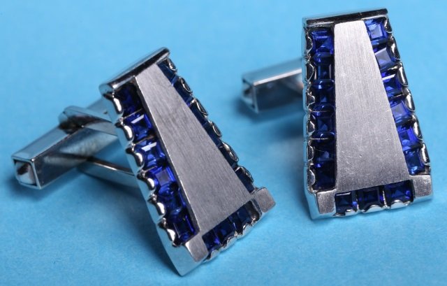 PAIR MEN'S LUCIEN PICCARD ORIGINAL CUFFLINKS: 14K white gold and simulated sapphire, approximate weight 9.2 dwt.