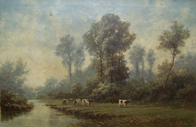 *WILSON, NORMAN: (Born 1906 English) Landscape with cattle, unframed oil on canvas, approximate image size 24" x 36".