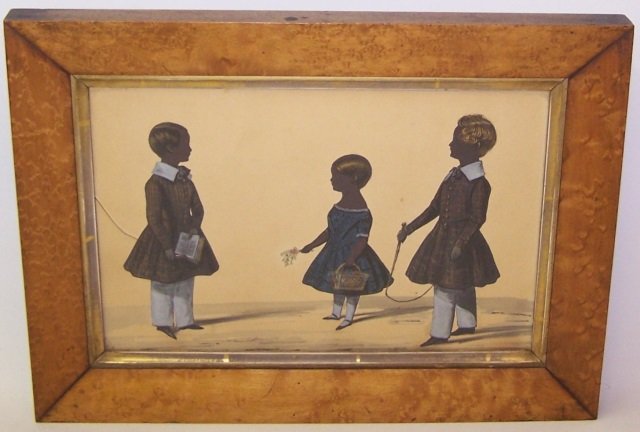 *UNKNOWN ARTIST: Silhouette style gouache depicting 3 children, housed in maple frame, approximate image size by sight 6 3/4" x 10 3/8", frame 10 1/8" x 13 3/4".