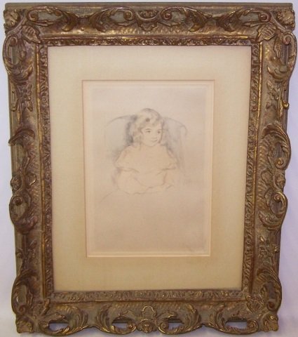 *CASSATT, MARY: (1844-1926 American) "Sara Smiling", framed drypoint etching, unsigned, bears Merrill Chase label verso, approximate image size 9 1/8" x 6 1/4", frame 17 1/2" x 14 1/2".