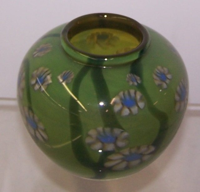 *MARK PEISER ART GLASS VASE: Green floral cabinet vase, signed on bottom, numbered E1-001 and dated 1972, approximate diameter 4 1/4", height 3 7/8".