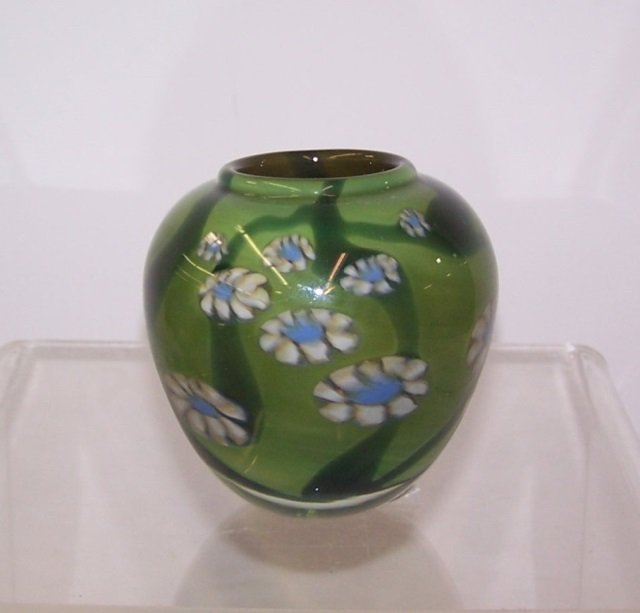 *MARK PEISER ART GLASS VASE: Green floral cabinet vase, signed on bottom, numbered E1-005 and dated 1972, approximate diameter 3 7/8", height 3 7/8".