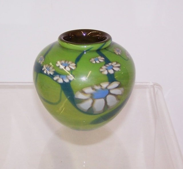 *ATTRIBUTED TO MARK PEISER: Green floral art glass cabinet vase, unsigned, approximate diameter 4", height 3 5/8".