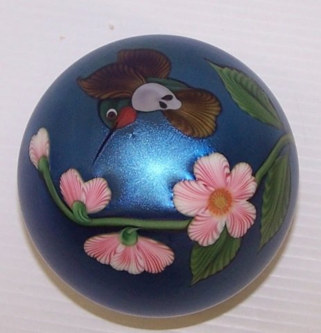*ORIENT AND FLUME ART GLASS PAPERWEIGHT: Having blue ground and floral decoration, approximate height 3".