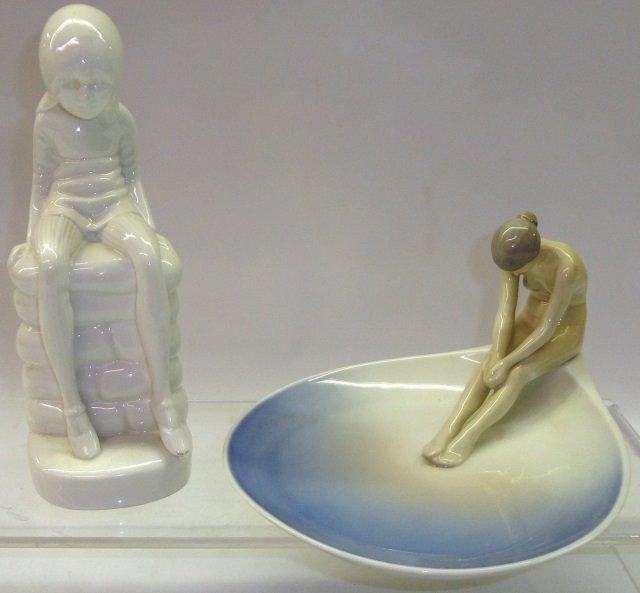 *2 PIECES: Bing and Grondahl figural tray, seated nude lakeside #1532, approximate height 4 1/2", length 8 3/4", and Spode figure, "Jane" by Pauline Shone, height 8 1/4".
