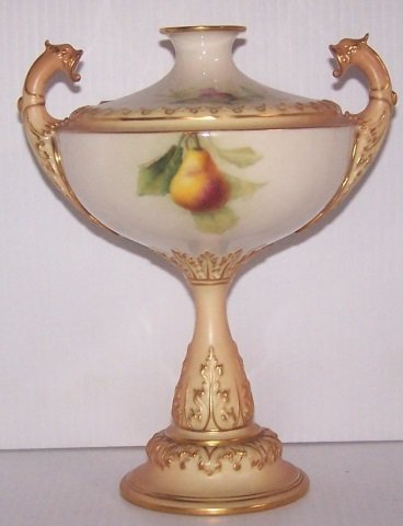 *ROYAL WORCESTER PORCELAIN 2-HANDLED COMPOTE: With animal form handles, having handpainted fruit and floral decoration, on footed base with leaf design, marked on bottom "Royal Worcester RN 417627, 2298", signed "F. Parker", approximate height 8 