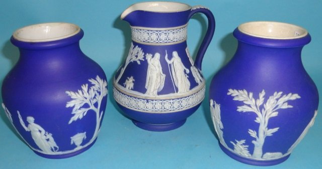 *3 PIECES OF WEDGWOOD JASPERWARE: Pair of vases, approximate height 5", and creamer, height 5 1/2", all decorated with classical figures.