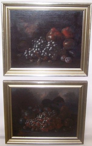 *UNKNOWN ARTIST: (Late 18th C. European School) 2 framed oils on canvas mounted/glued to masonite panel, still lifes with pear and grapes, neither bears signature, approximate image size of each 15" x 18", frames 18 1