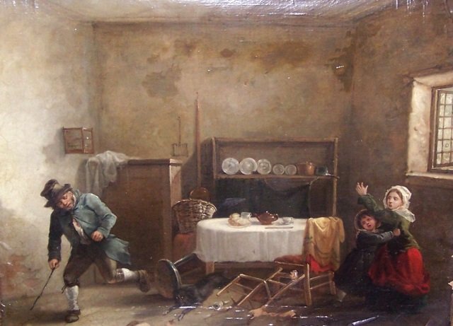 *BARKER, JOHN: (19th C. English) Interior scene with family, framed oil on canvas, signed lower left, approximate image size 14" x 18", frame 21" x 28".