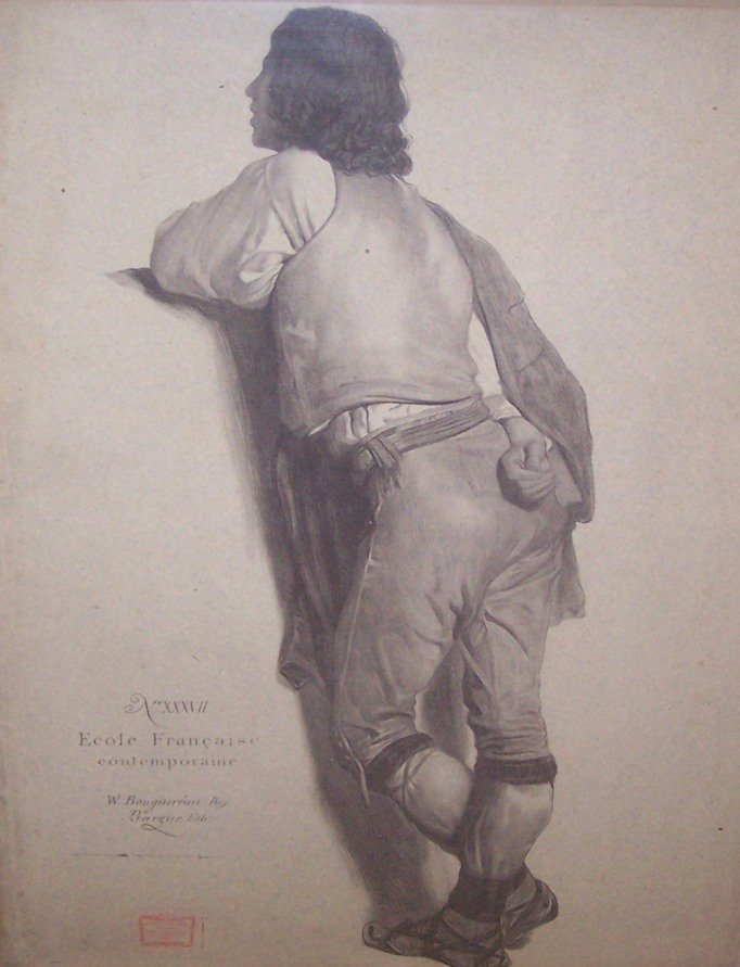 *BARGUE, CHARLES: (1824-1883 French) Portrait of man, framed lithograph on gray/blue paper, after original work by William Bouguereau printed Lemercier of Paris, approximate image size 21" x 16 1/2", frame 26 1/2" x 21
