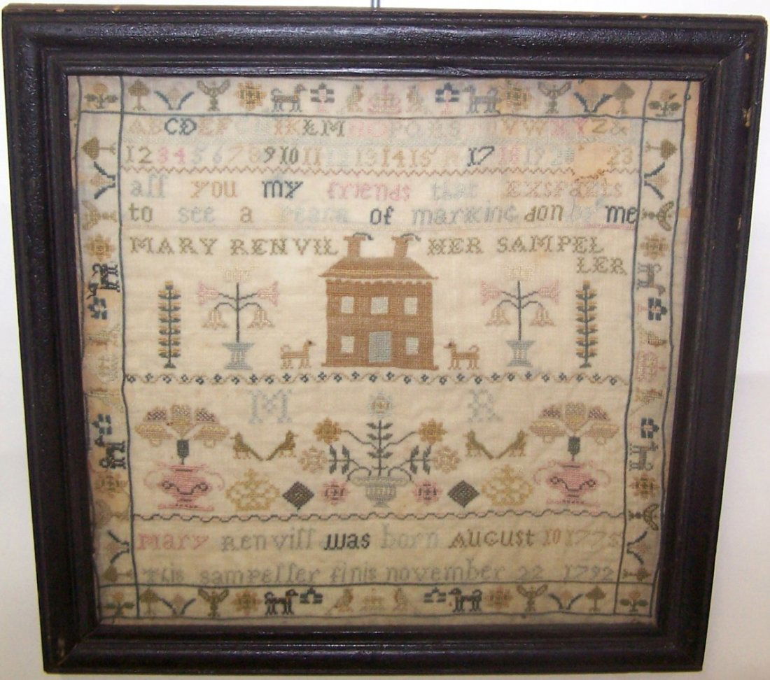 *ANTIQUE AMERICAN SAMPLER: Executed by Mary Renvil, born August 10, 1775 and indicates this sampler finished November 22, 1792, has numerical and letter decoration, approximately 12" x 12", frame 14" x 14".