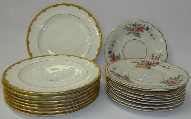 *3 GROUPS OF DINNERWARE: 8 bread plates by Heinrich with floral decoration, approximate diameter 6", 8 bread plates by Royal Crown Derby with gilt borer, diameter 7 1/4", and group of Hutschenreuther.