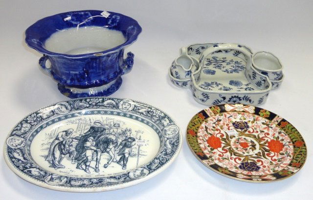 *4 PIECES: Royal Crown Derby dish, approximate diameter 7 3/4", English oval platter, "Ivanhoe" design, width 12 3/4", Ridgways 2-handled flow blue bowl and Blue Danube creamer and sugar with tray.