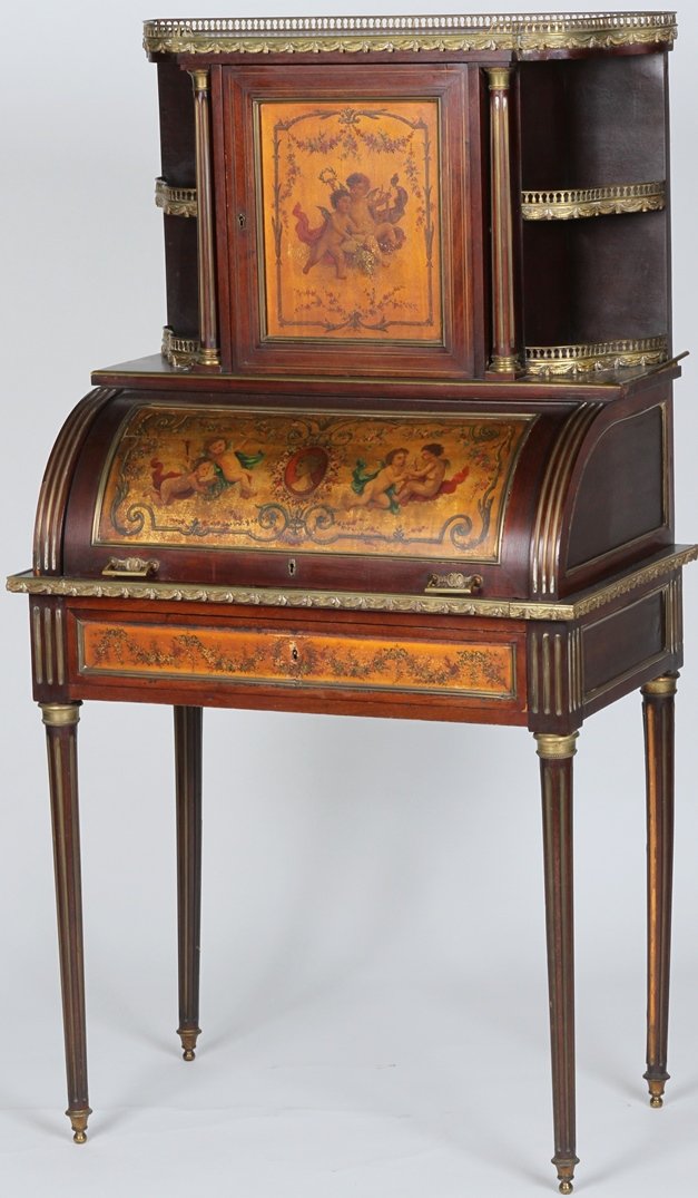 *LOUIS XVI STYLE DESK: Upper section having marble top over 3/4 brass gallery, single door decorated with putti, flanked by open shelves, lower section having cylinder roll desk decorated with cameo and putti opening to fit