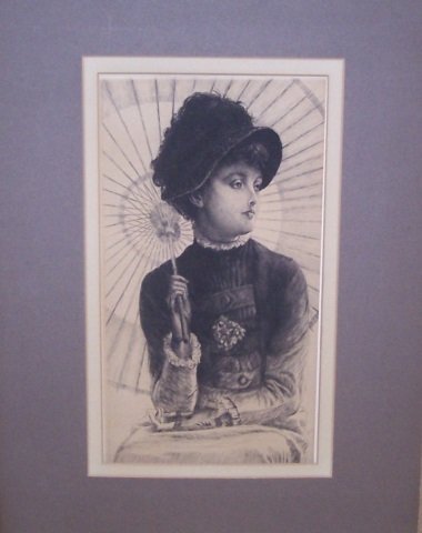 *TISSOT, JEAN JACQUES: (1836-1902 French) Impressionist style portrait of woman with parasol, unframed etching, bearing plate signature and 1878 lower right, approximate plate size 14 3/4" x 8 1/8", total sheet 21 3/8" x 14
