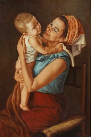 *FUENTES SALAMANCA, JOSE: (20th C. Spanish) Mother and child, framed oil on canvas, signed lower right, approximate image size 36" x 24", frame 44" x 32".