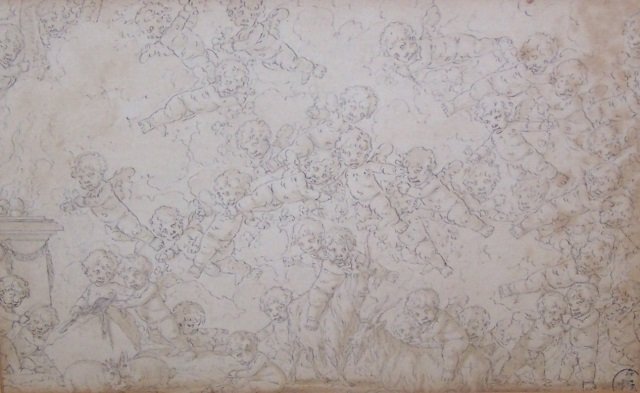 *IN THE MANNER OF DE LA RUE, LOUIS FELIX: (1720-1765 French) Mythological style putti, framed pencil and ink drawing on laid paper, bears unknown seal lower right, approximate image size 6 3/4" x 10 1/2", frame 14" x 16 1/2".