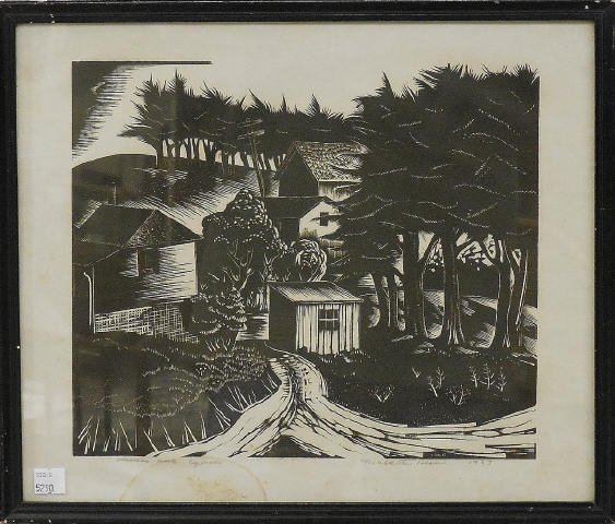 *DEAN, MALLETTE: (1907-1975 American) "Houses and Cypress", framed block print, pencil signed, titled and dated 1937 lower right, approximate image size by sight 10 1/2" x 12", frame 14" x 16".