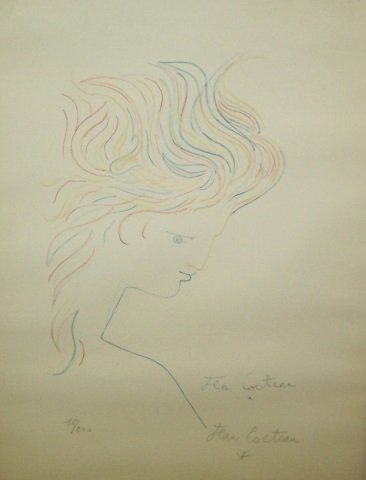 *COCTEAU, JEAN: (1889-1963 French) Portrait, framed colored lithograph, signed in pencil lower right and numbered from edition of 200 impressions lower left, approximate image size 16" x 10" with full margins, frame 