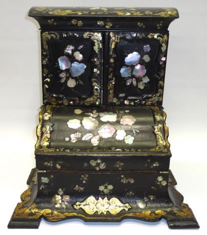 *VICTORIAN PAPIER MACHE TRAVELING DESK: Having gilt highlighting and mother-of-pearl inlay, fitted with 2 drawers opening to fitted interior over hinged writing surface opening to 2 drawers and storage compartments, approximate height 18 1/