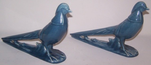 *PAIR OF ROOKWOOD ART POTTERY PHEASANTS: Both having blue high glaze, marks include impressed Rookwood flame logo with Roman numeral "XLVI" for date 1946, shape #2832, no apparent artist's signature, one also has the incised number 58 and a