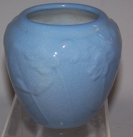*ROOKWOOD ART POTTERY VASE: Blue high glaze with molded floral decoration, marks include impressed Rookwood flame logo with Roman numeral "XLVI" for date 1946, shape #6432, process mark, also has a 1/2" horizontal mark on unders